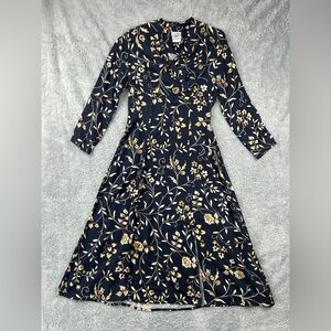 Vintage Laura Ashley Floral Print Long Sleeve Midi Dress Slit Navy & Beige Sz 6